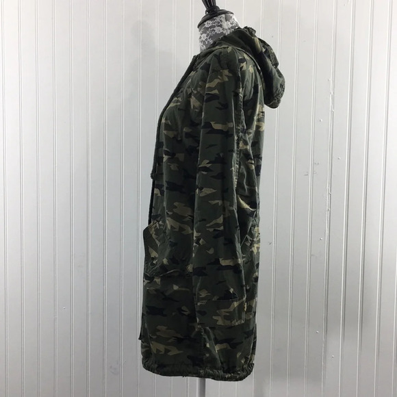 BP Nordstrom Green Camo Cotton Hooded Jacket Womens Small Snap Zip Up Longline - Picture 4 of 11